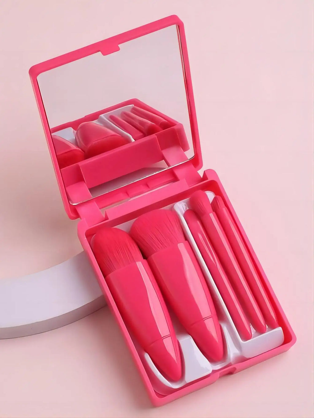 5-Piece Travel Makeup Brush Set with Mirror Box – Blush, Eyeshadow & Loose Powder Brushes
