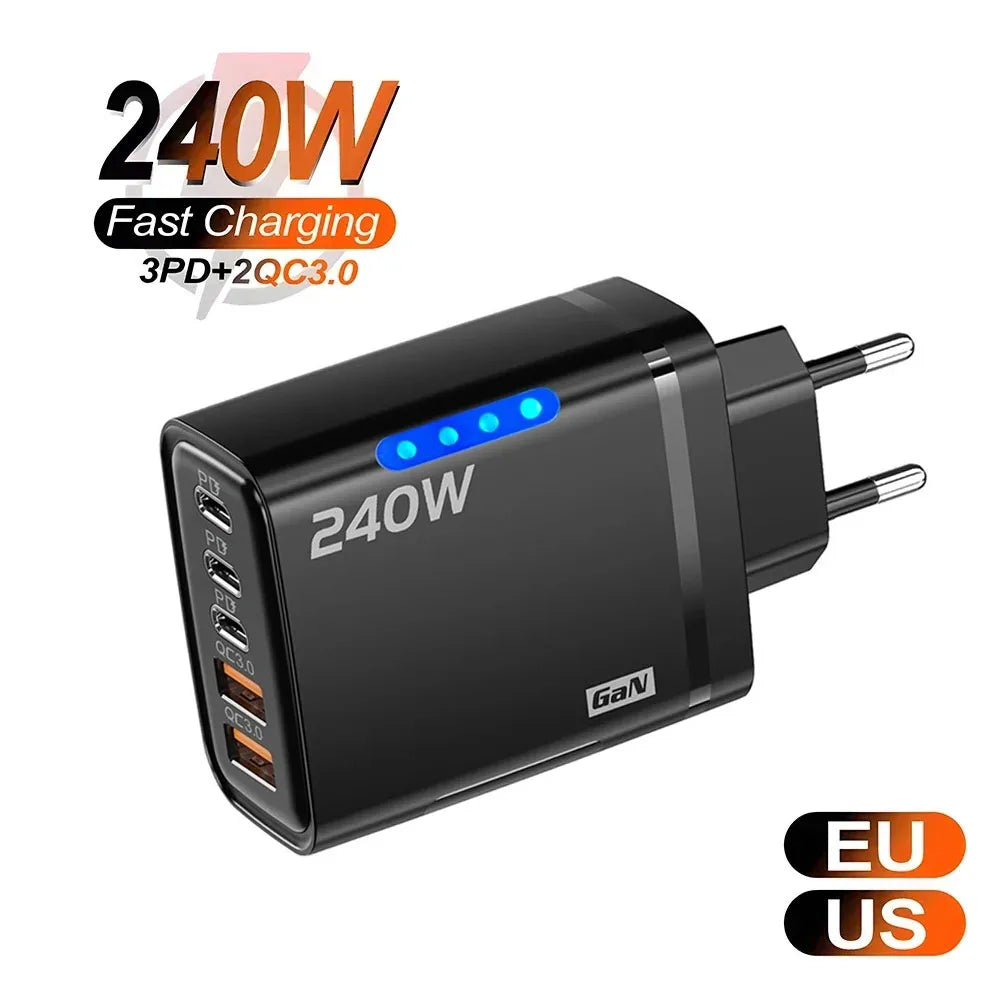 240W GaN USB-C Charger 5-in-1 – Fast Charging Wall Adapter for iPhone, Samsung & More