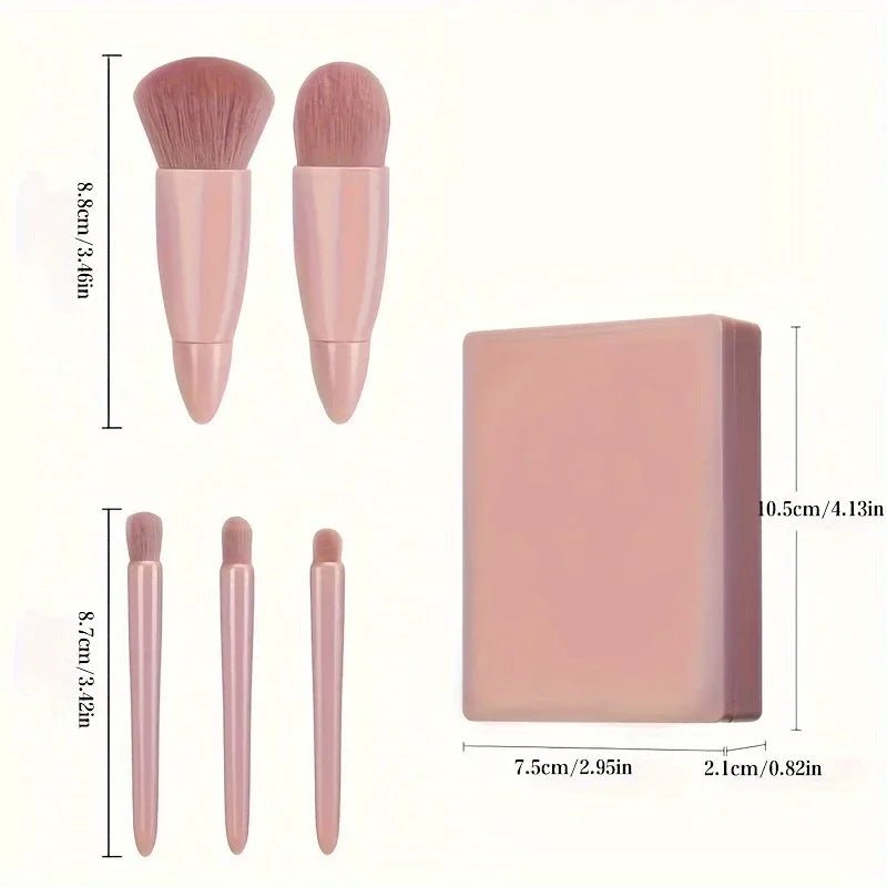 5-Piece Travel Makeup Brush Set with Mirror Box – Blush, Eyeshadow & Loose Powder Brushes