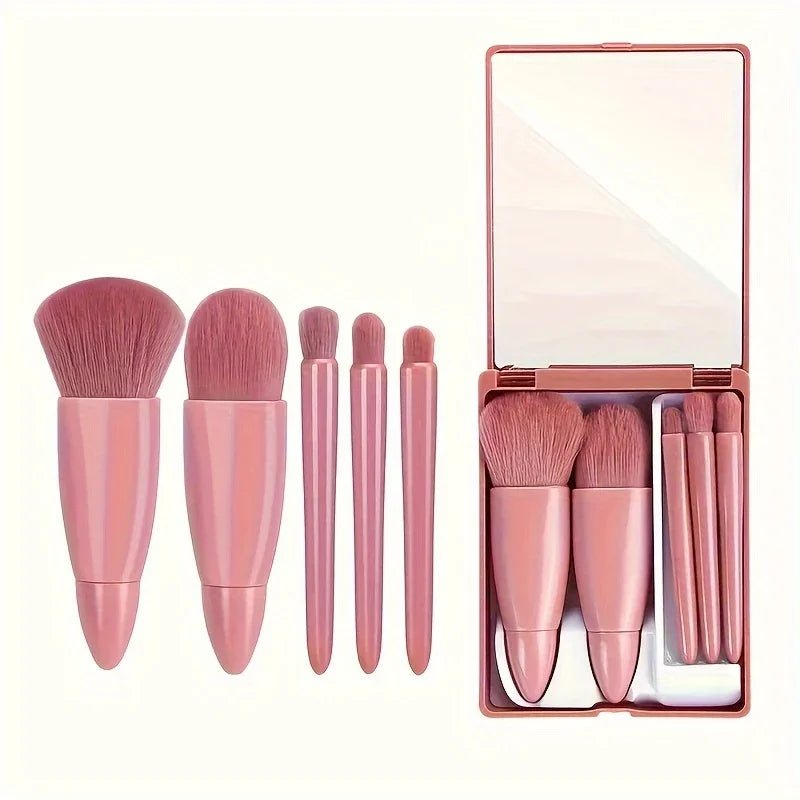 5-Piece Travel Makeup Brush Set with Mirror Box – Blush, Eyeshadow & Loose Powder Brushes