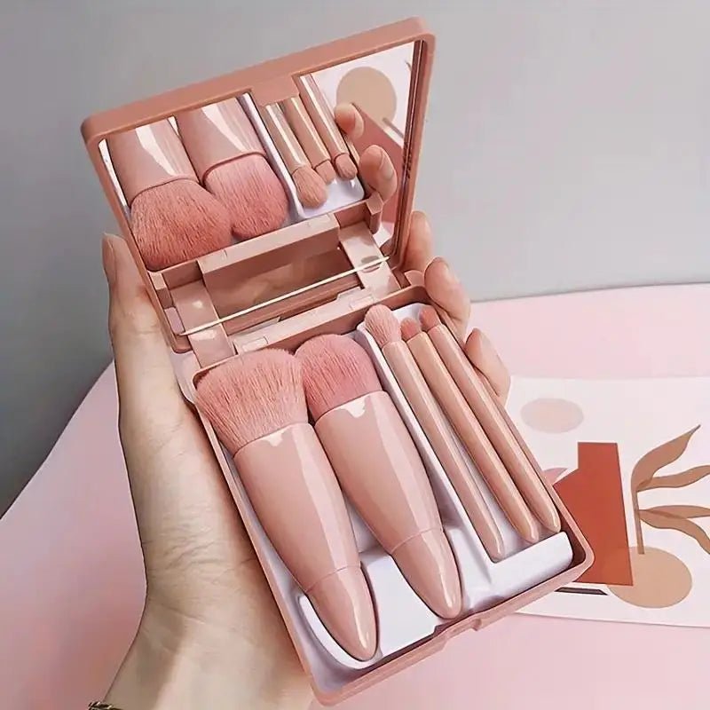 5-Piece Travel Makeup Brush Set with Mirror Box – Blush, Eyeshadow & Loose Powder Brushes