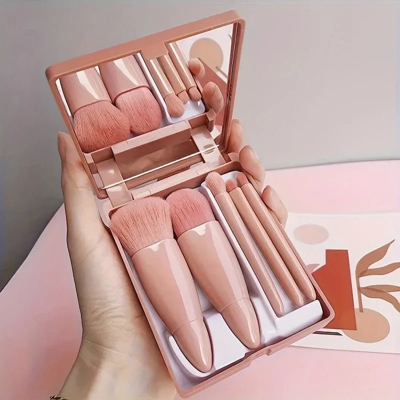 5-Piece Travel Makeup Brush Set with Mirror Box – Blush, Eyeshadow & Loose Powder Brushes