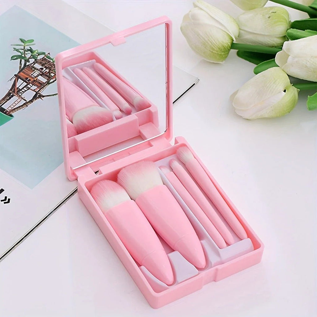 5-Piece Travel Makeup Brush Set with Mirror Box – Blush, Eyeshadow & Loose Powder Brushes