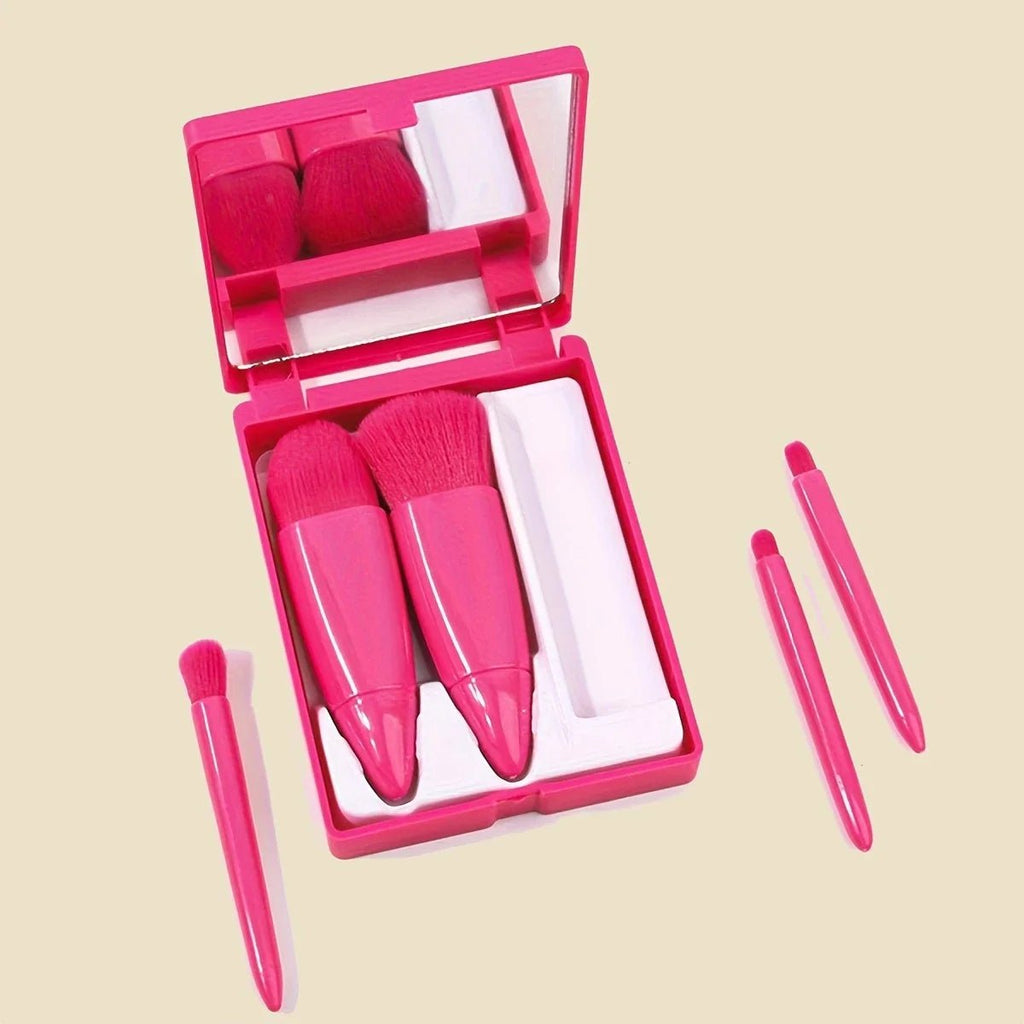 5-Piece Travel Makeup Brush Set with Mirror Box – Blush, Eyeshadow & Loose Powder Brushes