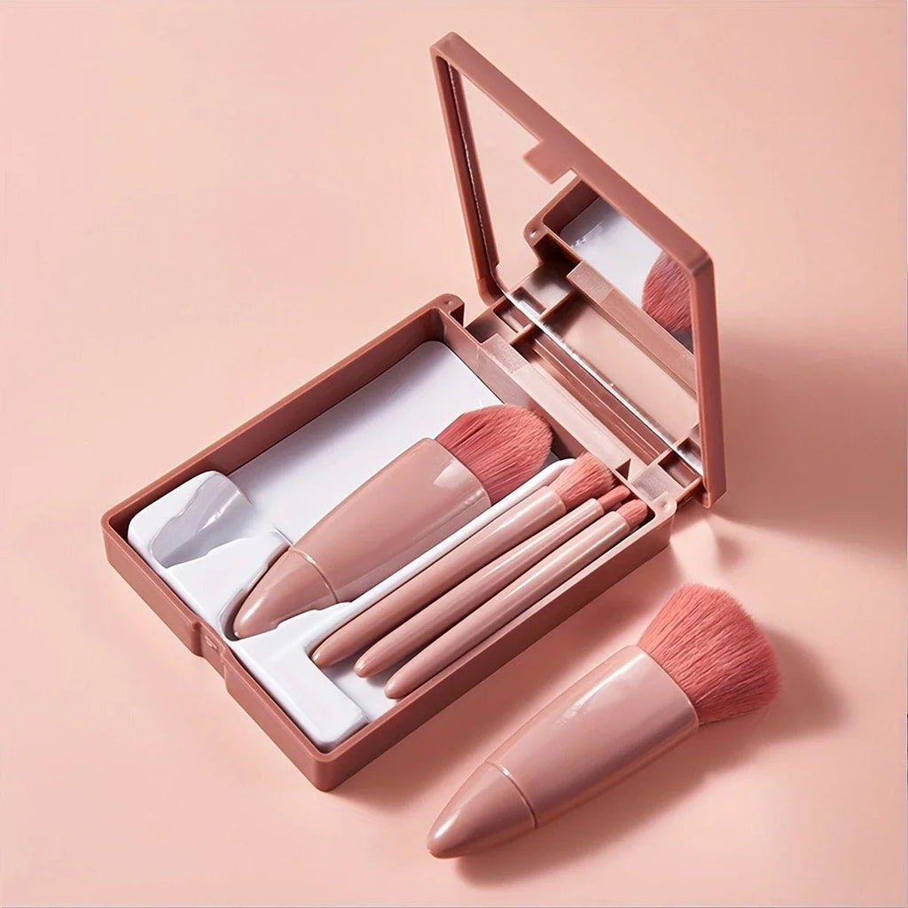 5-Piece Travel Makeup Brush Set with Mirror Box – Blush, Eyeshadow & Loose Powder Brushes