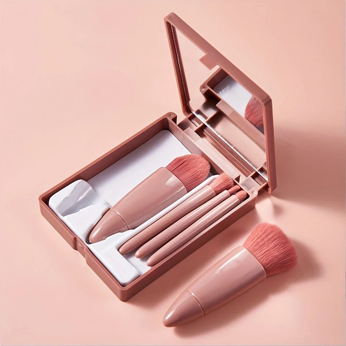 5-Piece Travel Makeup Brush Set with Mirror Box – Blush, Eyeshadow & Loose Powder Brushes