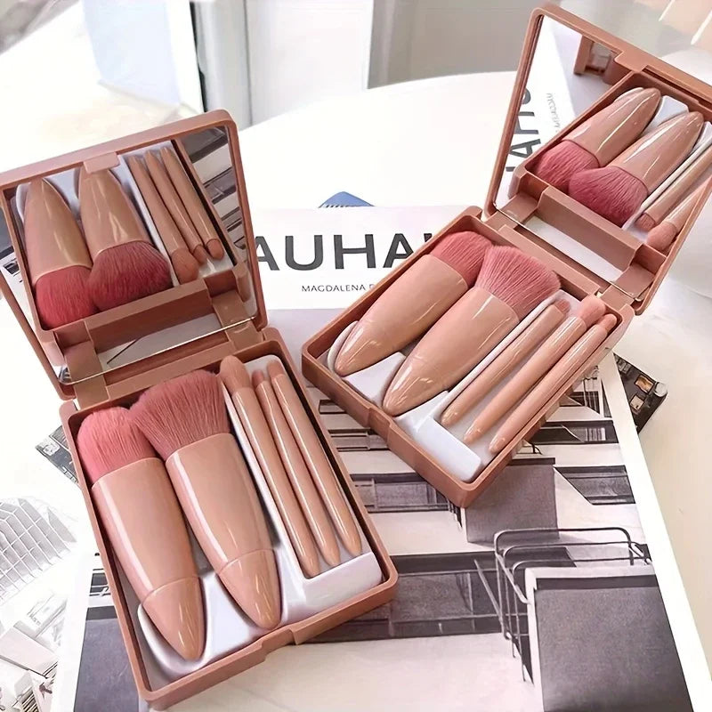 5-Piece Travel Makeup Brush Set with Mirror Box – Blush, Eyeshadow & Loose Powder Brushes