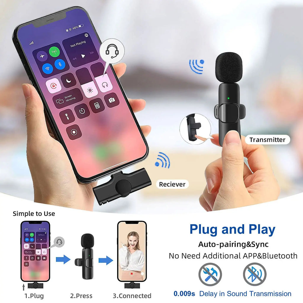 Wireless Lavalier Microphone – USB-C & Lightning, Noise Reduction for iPhone, Android & Live Streaming