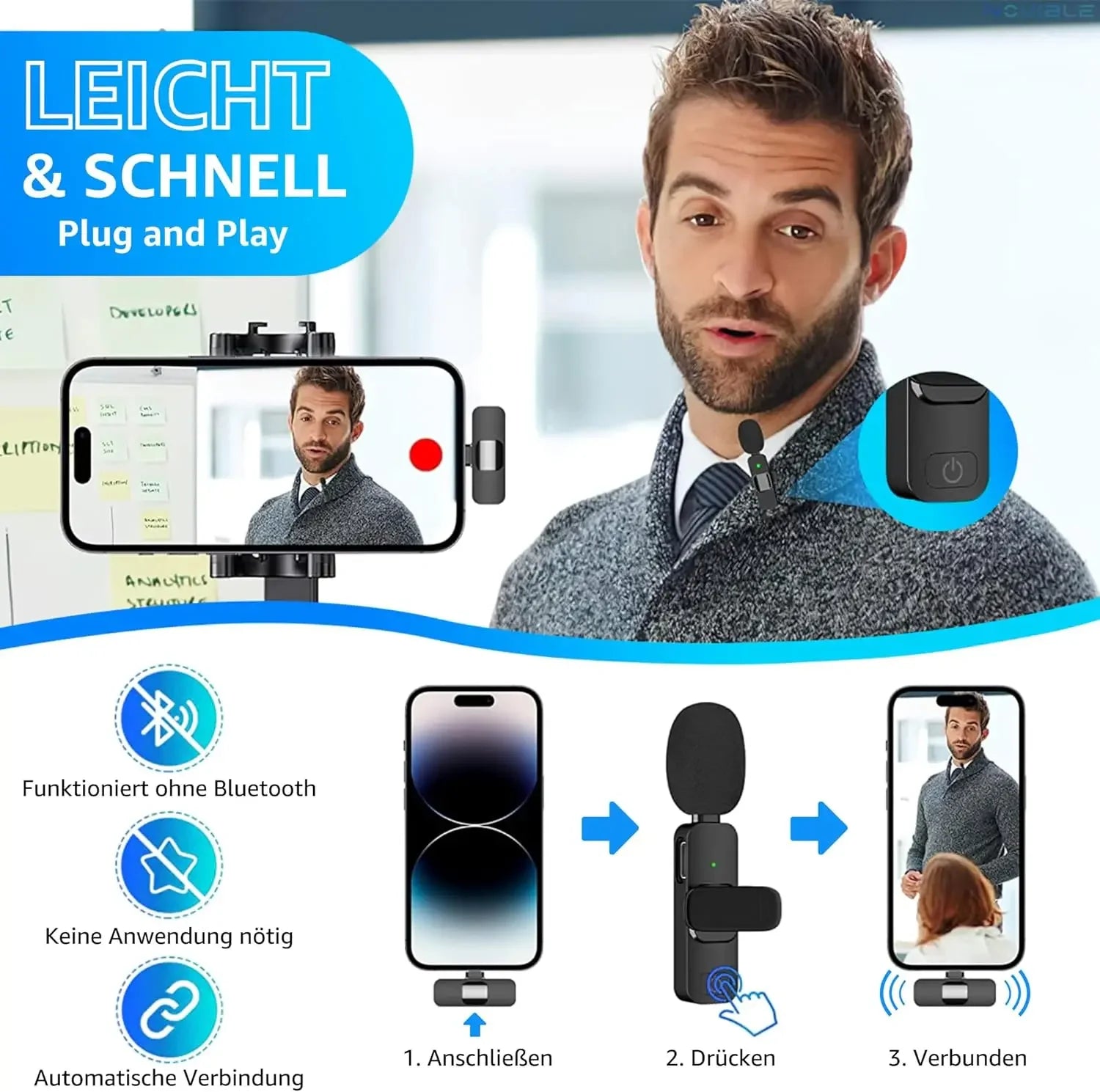 Wireless Lavalier Microphone – USB-C & Lightning, Noise Reduction for iPhone, Android & Live Streaming